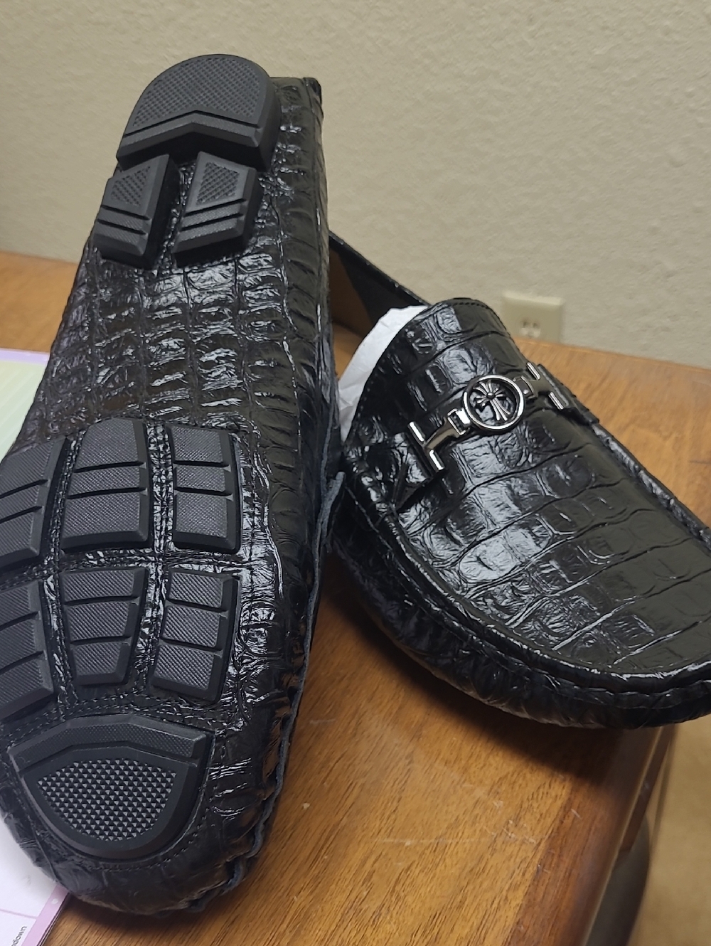 Black Croc-Embossed Slip-On Loafers with Silver Bit Accent
